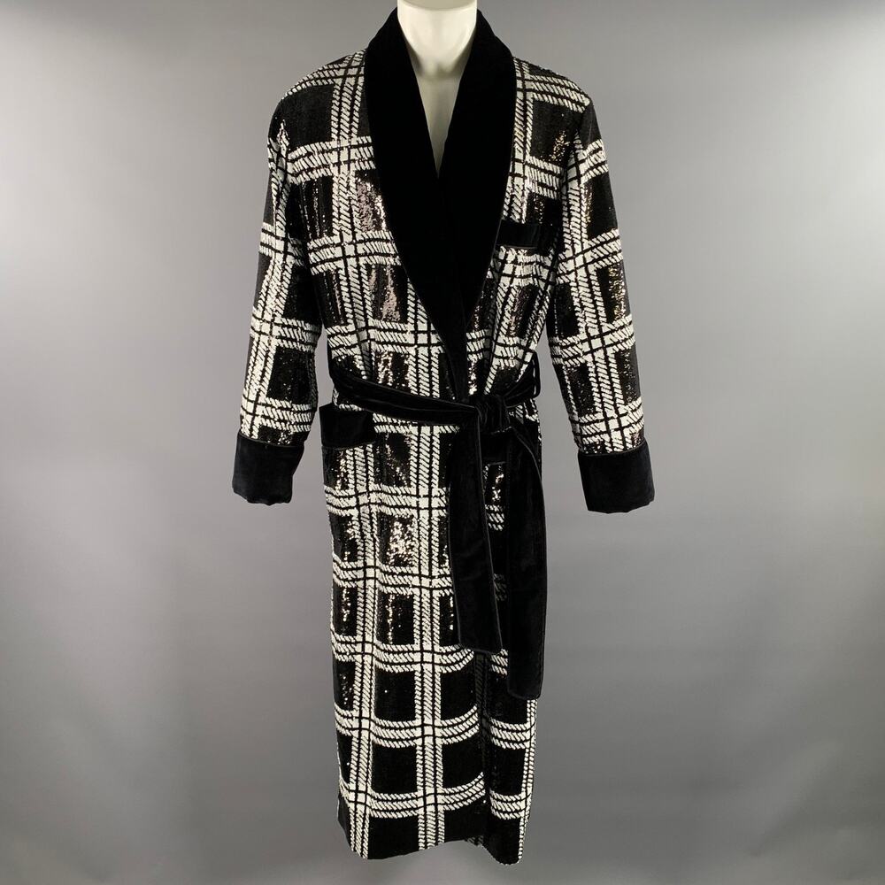 DOLCE & GABBANA TAILORED by Size 46 Black White Sequined Plaid Cotton Robe Coat